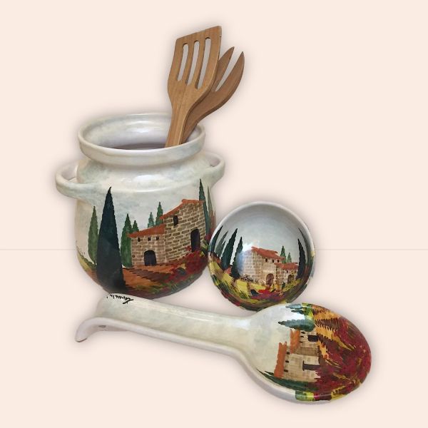 PRO 0004 - 1 Set composed of: 1 spoon-rest, 1 spoon holder cm.18h (wooden spoons not included)., 1 bowl of cm.12d